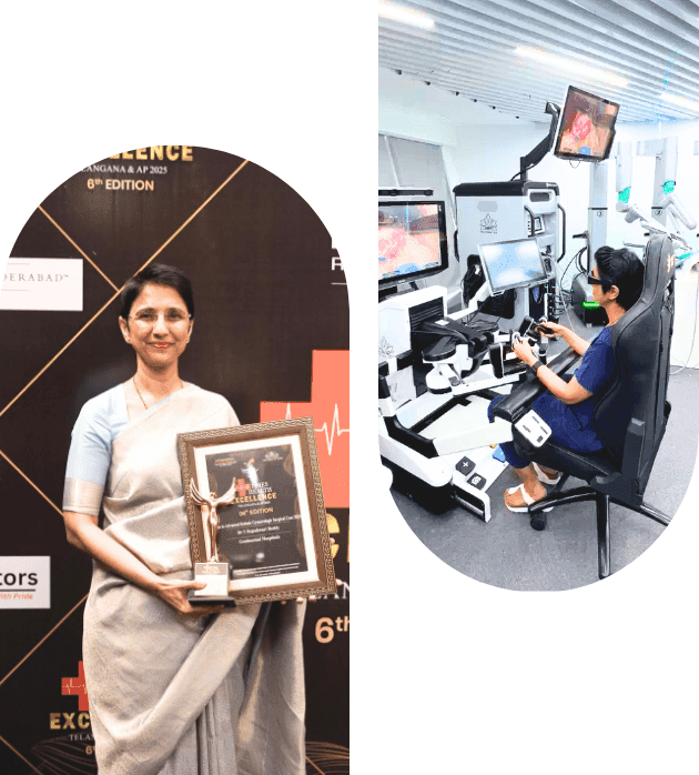 Dr. T. Rajeshwari Reddy receiving the Health Excellence award and operating the robotic surgery console